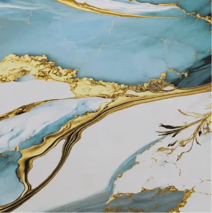 Marble Pattern Dinner Plates Set of 4 – 23cm Luxury Blue & Gold Serving Plates | Modern Tableware