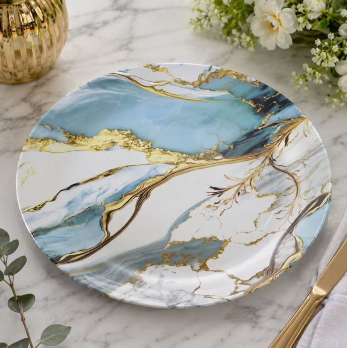 Marble Pattern Dinner Plates Set of 4 – 23cm Luxury Blue & Gold Serving Plates | Modern Tableware