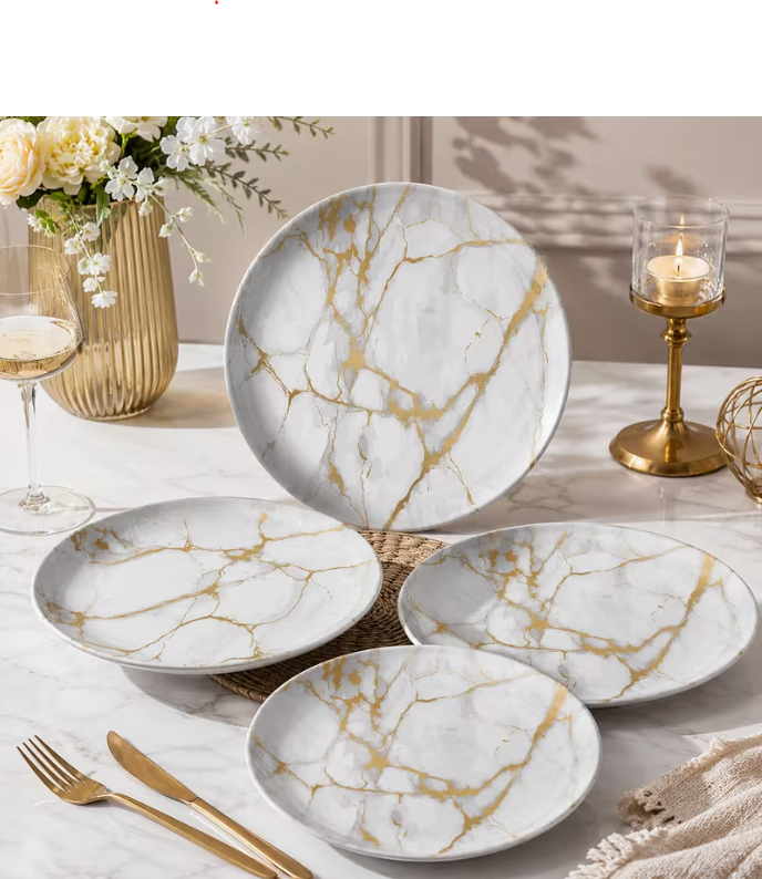 8pcs Melamine Dinner Plates 26cm – White Marble with Gold Veins, Luxury Tableware, Dishwasher Safe