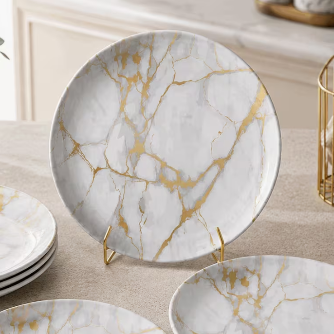 8pcs Melamine Dinner Plates 26cm – White Marble with Gold Veins, Luxury Tableware, Dishwasher Safe