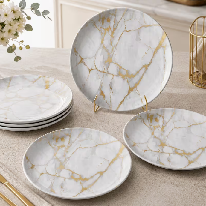 8pcs Melamine Dinner Plates 26cm – White Marble with Gold Veins, Luxury Tableware, Dishwasher Safe