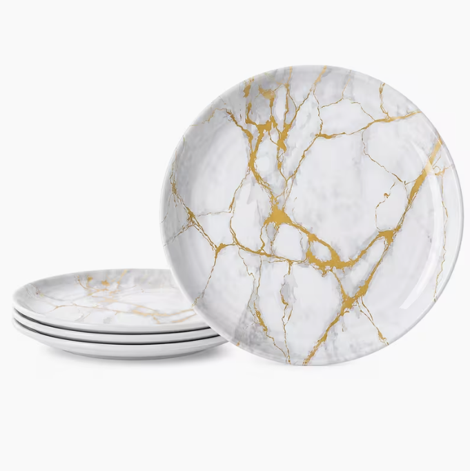 8pcs Melamine Dinner Plates 26cm – White Marble with Gold Veins, Luxury Tableware, Dishwasher Safe