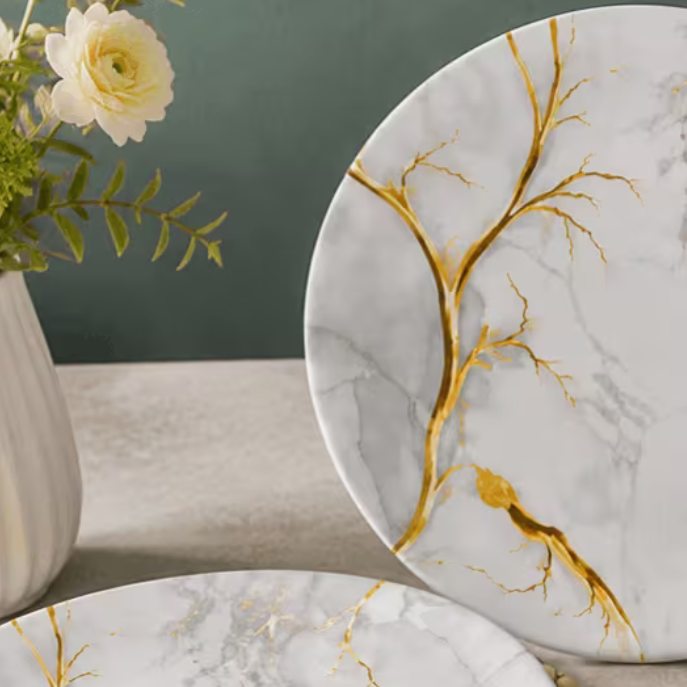 Heavy Duty Melamine Dinner Plates Set – Grey Marble with Gold Veins, 26cm Luxury Tableware (Set of 12)