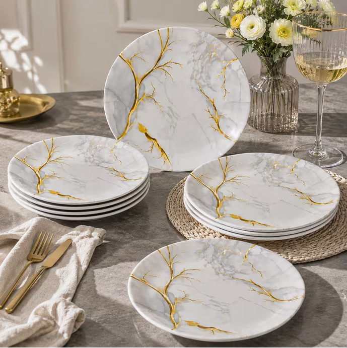 Heavy Duty Melamine Dinner Plates Set – Grey Marble with Gold Veins, 26cm Luxury Tableware (Set of 12)