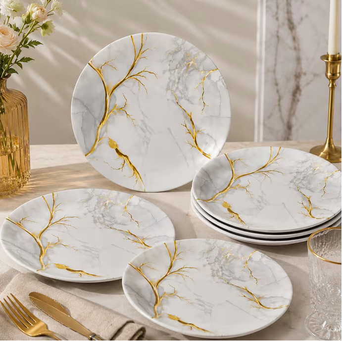 Heavy Duty Melamine Dinner Plates Set – Grey Marble with Gold Veins, 26cm Luxury Tableware (Set of 12)