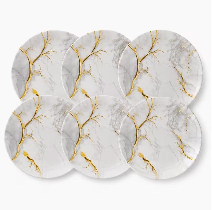 Heavy Duty Melamine Dinner Plates Set – Grey Marble with Gold Veins, 26cm Luxury Tableware (Set of 12)
