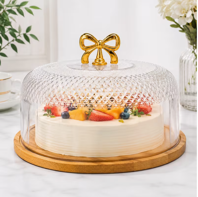 30cm Round Cake Stand with Clear Diamond Cut Dome Lid & Bamboo Base – Gold Bow Handle, Cake Display Stand for Cakes, Pastries, Desserts & Cheese