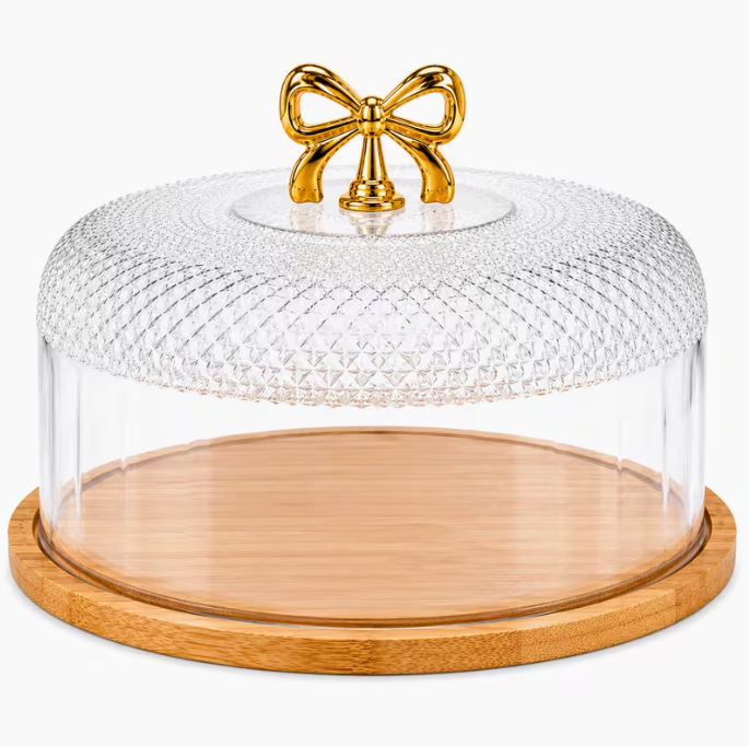 30cm Round Cake Stand with Clear Diamond Cut Dome Lid & Bamboo Base – Gold Bow Handle, Cake Display Stand for Cakes, Pastries, Desserts & Cheese