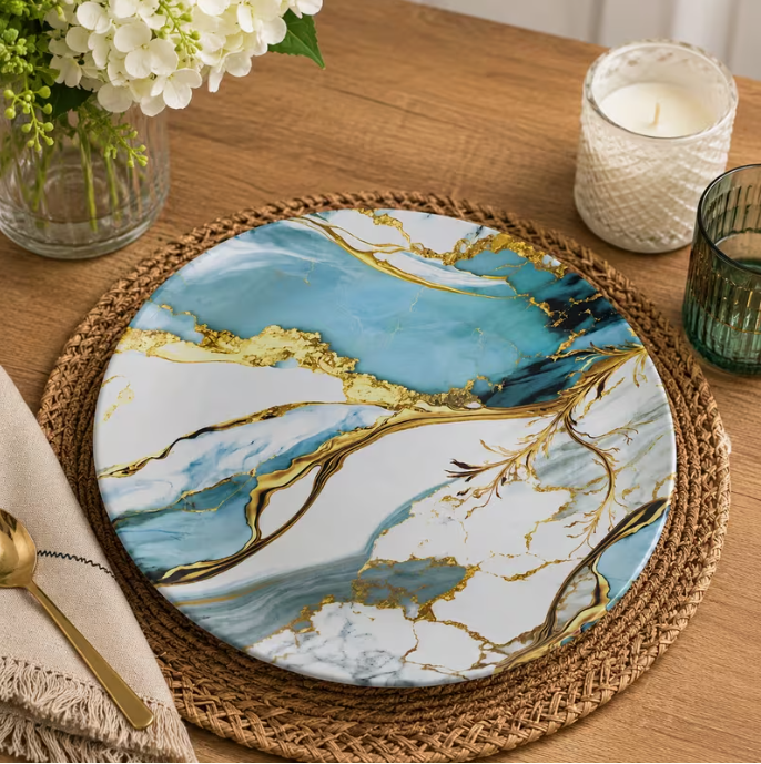 Set of 4 Marble Pattern Melamine Dinner Plates 23cm – Blue & Gold Round Dishwasher Safe Dinner Plates for Kitchen, Dining & Outdoor Use