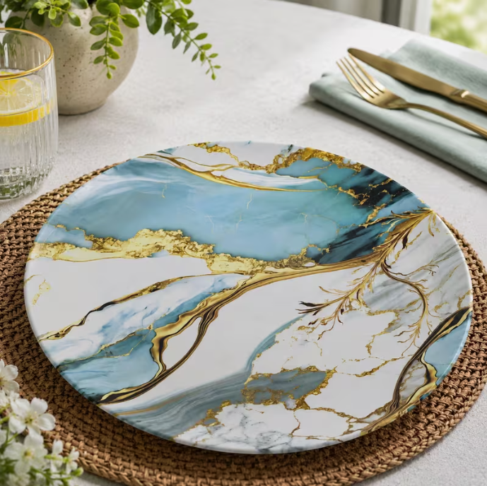 Set of 4 Marble Pattern Melamine Dinner Plates 23cm – Blue & Gold Round Dishwasher Safe Dinner Plates for Kitchen, Dining & Outdoor Use