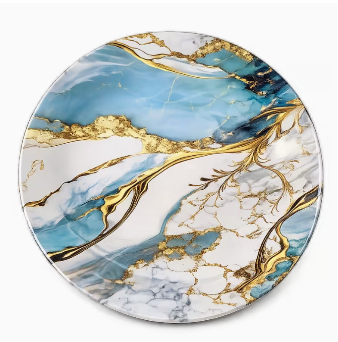Set of 4 Marble Pattern Melamine Dinner Plates 23cm – Blue & Gold Round Dishwasher Safe Dinner Plates for Kitchen, Dining & Outdoor Use