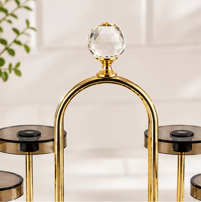 Rotating 6 Cup Mug Holder Stand – Metal Countertop Coffee Mug Display Rack with Crystal Handle, 360° Cup Storage Organizer (Gold)