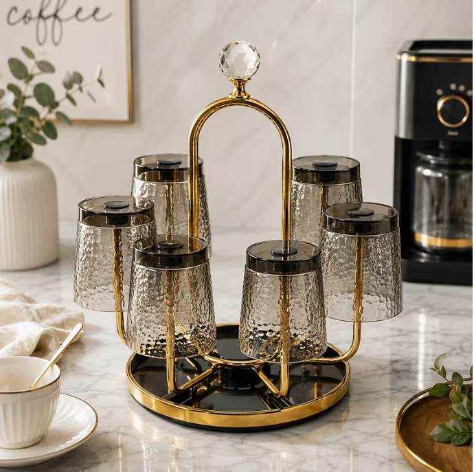 Rotating 6 Cup Mug Holder Stand – Metal Countertop Coffee Mug Display Rack with Crystal Handle, 360° Cup Storage Organizer (Gold)