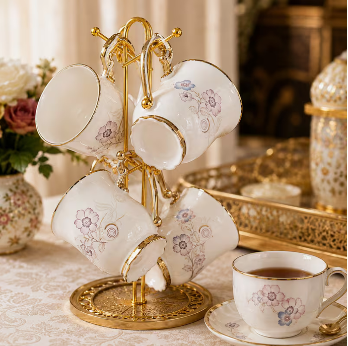 6 Piece Floral Tea Cup Set with Gold Handles & Stand Ceramic Coffee Cups Elegant Kitchen Gift Set