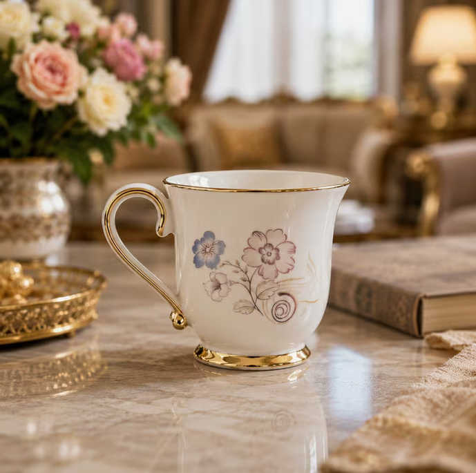 6 Piece Floral Tea Cup Set with Gold Handles & Stand Ceramic Coffee Cups Elegant Kitchen Gift Set