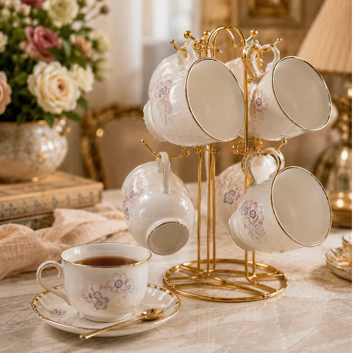 6 Piece Floral Tea Cup Set with Gold Handles & Stand Ceramic Coffee Cups Elegant Kitchen Gift Set