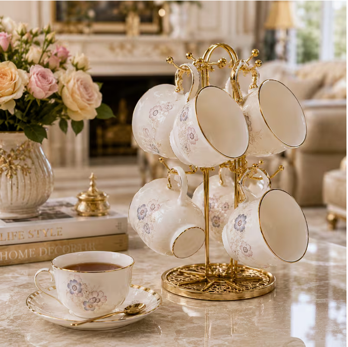 6 Piece Floral Tea Cup Set with Gold Handles & Stand Ceramic Coffee Cups Elegant Kitchen Gift Set