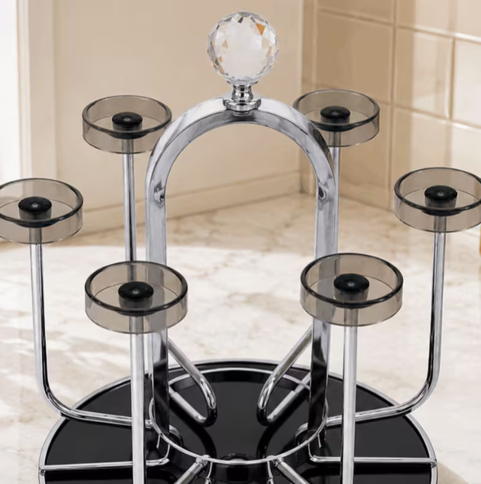 Rotating 6 Cup Mug Holder Stand – Metal Countertop Coffee Mug Display Rack with Crystal Handle, 360° Cup Storage Organizer (Silver)