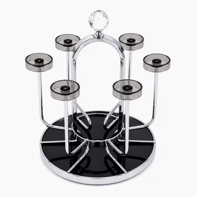 Rotating 6 Cup Mug Holder Stand – Metal Countertop Coffee Mug Display Rack with Crystal Handle, 360° Cup Storage Organizer (Silver)