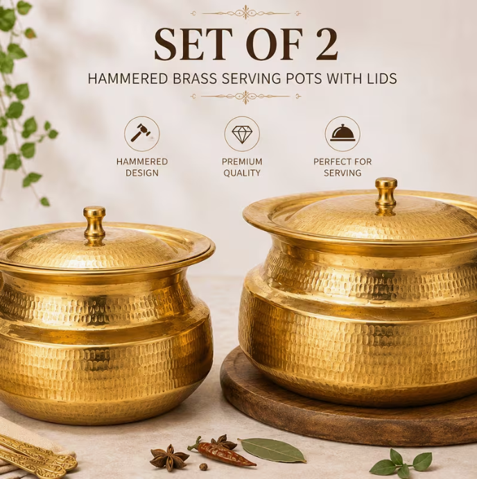 Set of 2 Gold Hammered Brass Style Serving Pots with Lids – Large & MediumBuffet Curry Rice Bowls for Indian Restaurant, Catering, Parties & Home Dining