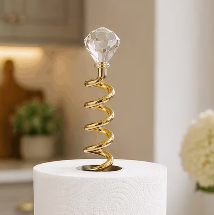 Luxury Gold Paper Towel Holder Stand with Crystal Top – Freestanding Metal Kitchen Roll Holder for Kitchen Counter, Bathroom & Dining Table