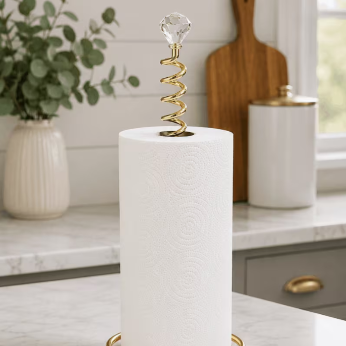 Luxury Gold Paper Towel Holder Stand with Crystal Top – Freestanding Metal Kitchen Roll Holder for Kitchen Counter, Bathroom & Dining Table