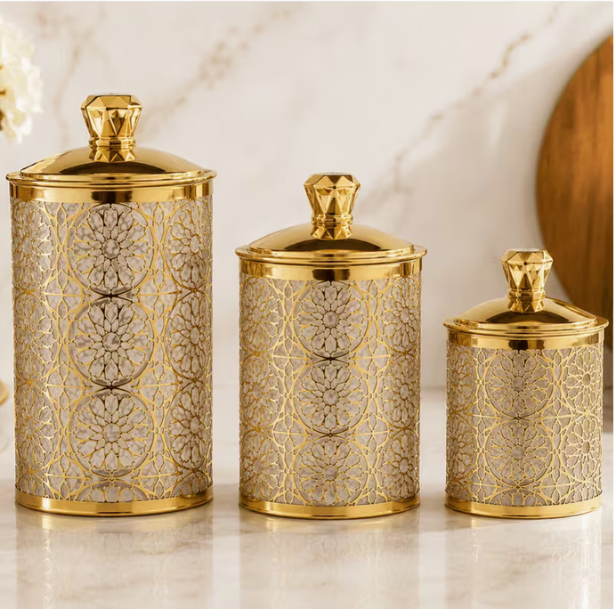 Set of 3 Decorative Plastic Storage Jars with Lids Gold  Kitchen Canisters Large Medium Small (7", 5", 4")