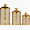 Set of 3 Decorative Plastic Storage Jars with Lids Gold  Kitchen Canisters Large Medium Small (7", 5", 4")