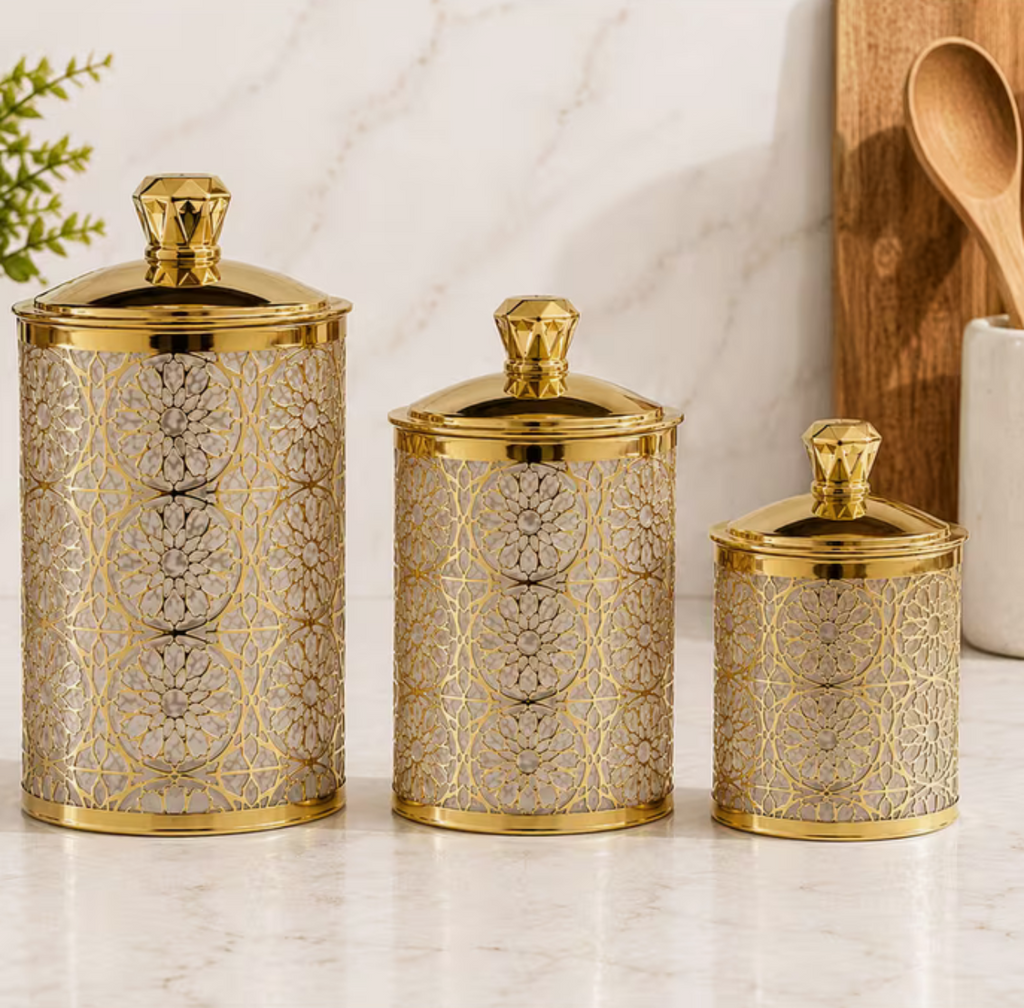 Set of 3 Decorative Plastic Storage Jars with Lids Gold  Kitchen Canisters Large Medium Small (7", 5", 4")