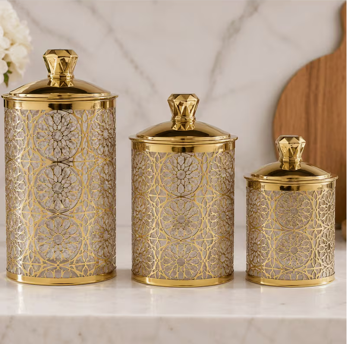 Set of 3 Decorative Plastic Storage Jars with Lids Gold  Kitchen Canisters Large Medium Small (7", 5", 4")