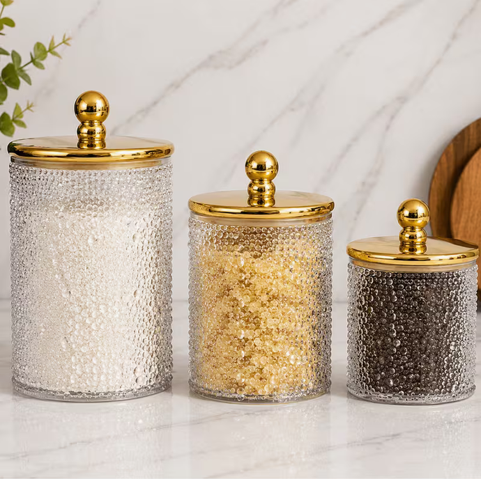Set of 3 Luxury Bubble Textured Plastic Storage Jars with Gold Lids Kitchen Canisters Large Medium Small (7", 5", 4")