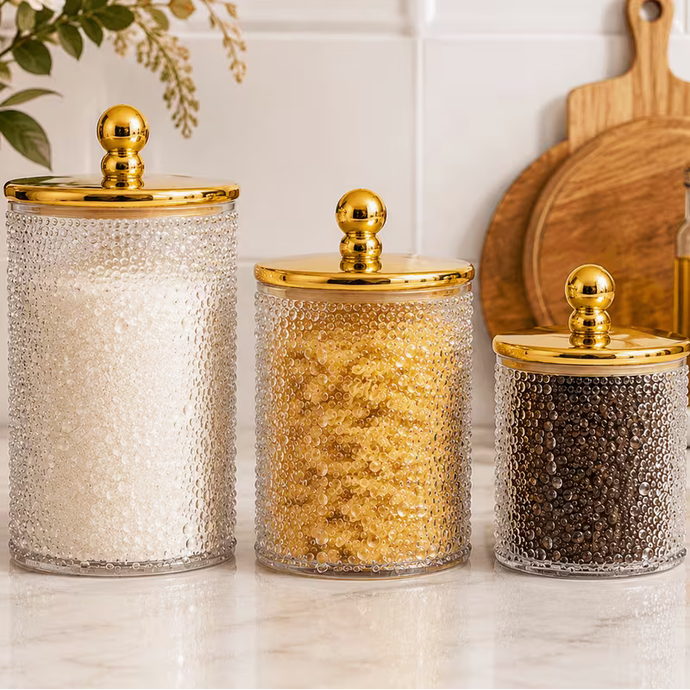 Set of 3 Luxury Bubble Textured Plastic Storage Jars with Gold Lids Kitchen Canisters Large Medium Small (7", 5", 4")