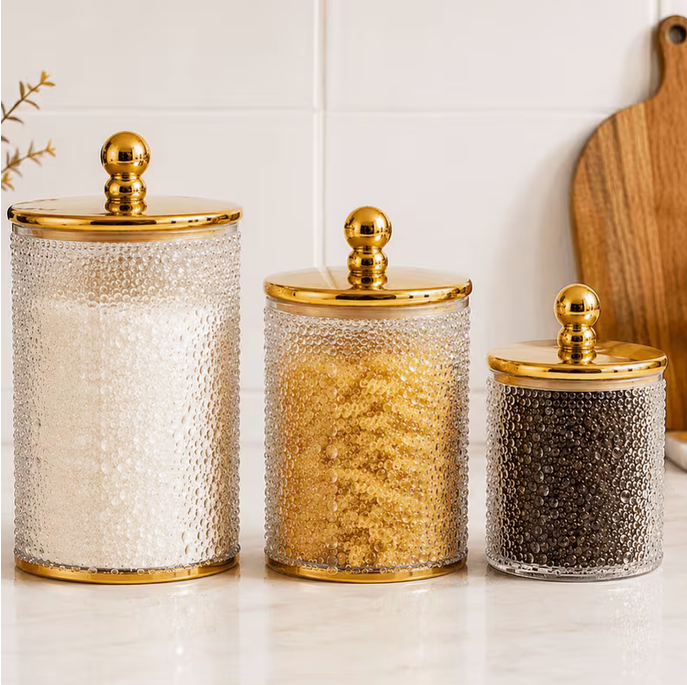 Set of 3 Luxury Bubble Textured Plastic Storage Jars with Gold Lids Kitchen Canisters Large Medium Small (7", 5", 4")