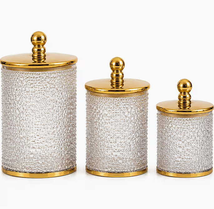 Set of 3 Luxury Bubble Textured Plastic Storage Jars with Gold Lids Kitchen Canisters Large Medium Small (7", 5", 4")