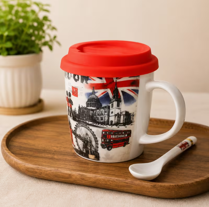 Ceramic Coffee Mug with Silicone Lid & Spoon – London Travel Mug, Reusable Tea Cup with Gift Box, 350ml