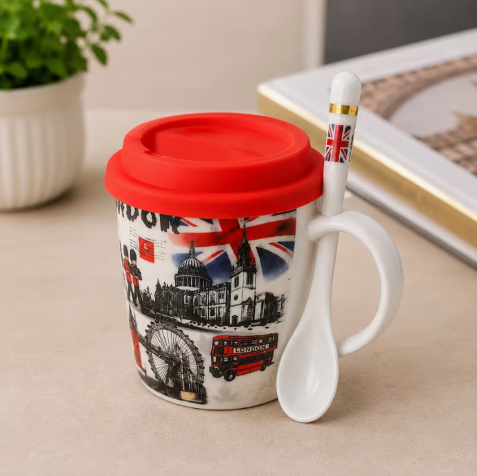 Ceramic Coffee Mug with Silicone Lid & Spoon – London Travel Mug, Reusable Tea Cup with Gift Box, 350ml