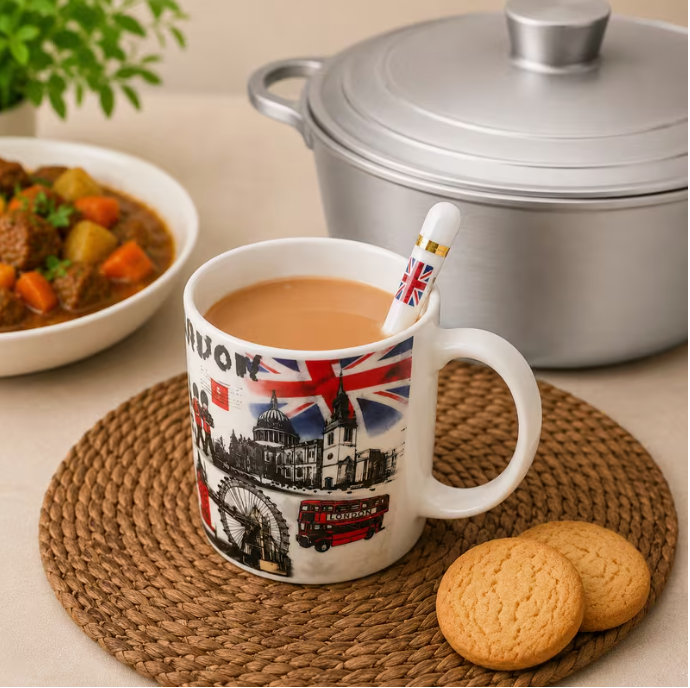 Ceramic Coffee Mug with Silicone Lid & Spoon – London Travel Mug, Reusable Tea Cup with Gift Box, 350ml