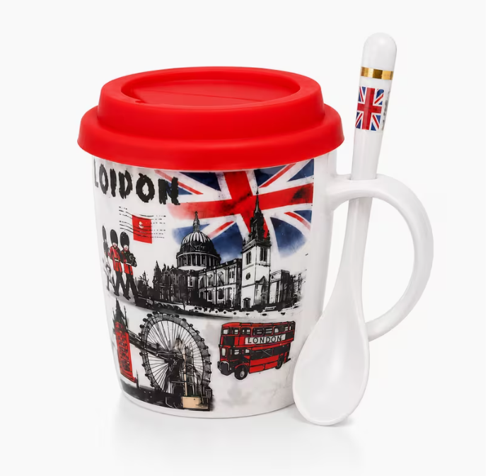 Ceramic Coffee Mug with Silicone Lid & Spoon – London Travel Mug, Reusable Tea Cup with Gift Box, 350ml