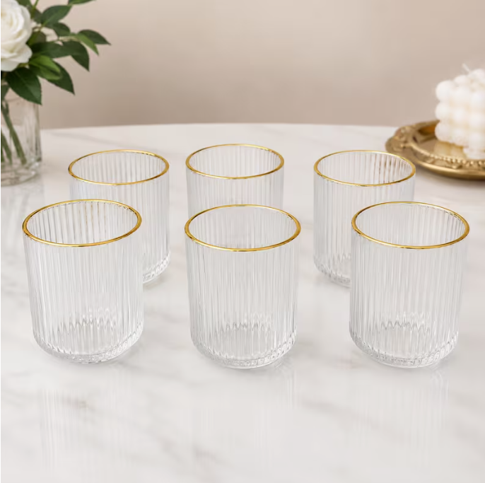 Set of 6 Ribbed Shape Acrylic Glasses with Gold Rim – Mixed Sizes 330ml & 380ml | Reusable Drinking Tumblers
