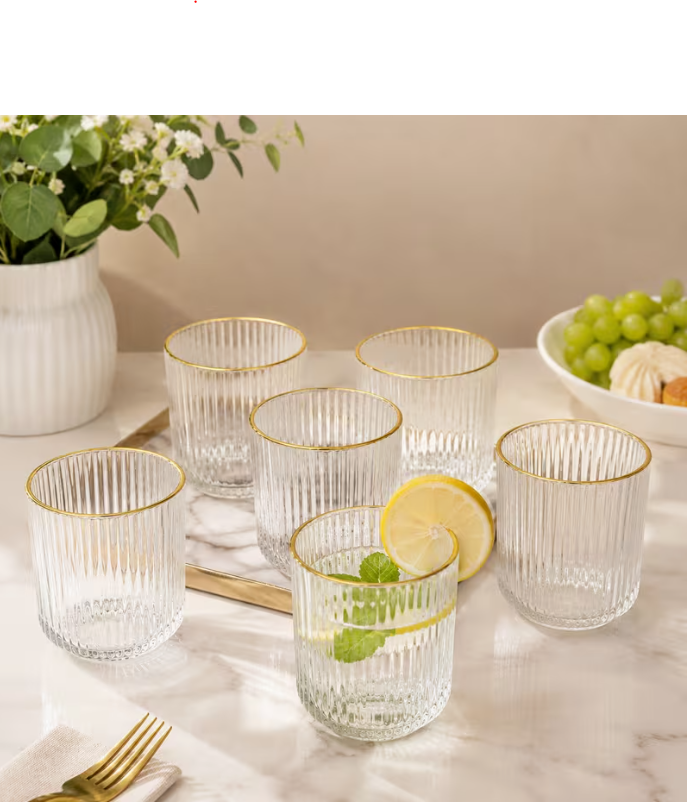 Set of 6 Ribbed Shape Acrylic Glasses with Gold Rim – Mixed Sizes 330ml & 380ml | Reusable Drinking Tumblers