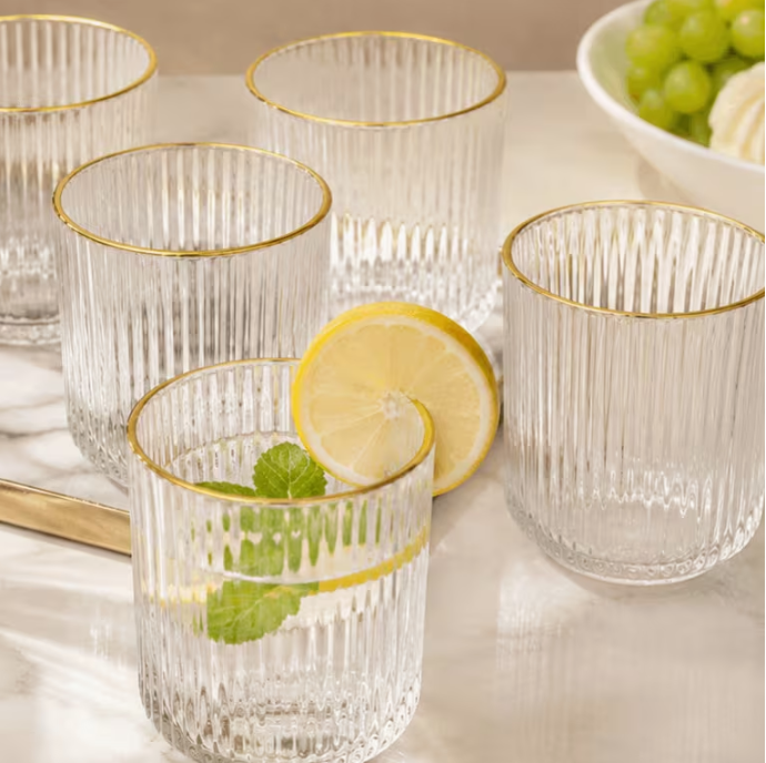 Set of 6 Ribbed Shape Acrylic Glasses with Gold Rim – Mixed Sizes 330ml & 380ml | Reusable Drinking Tumblers