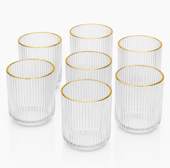 Set of 6 Ribbed Shape Acrylic Glasses with Gold Rim – Mixed Sizes 330ml & 380ml | Reusable Drinking Tumblers