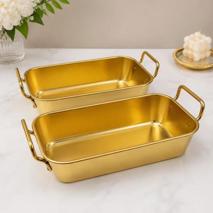 Set of 2 Stainless Steel Gold Serving Trays – Elegant Rectangular Serving Dishes with Handles for Serving, Baking & Food Presentation