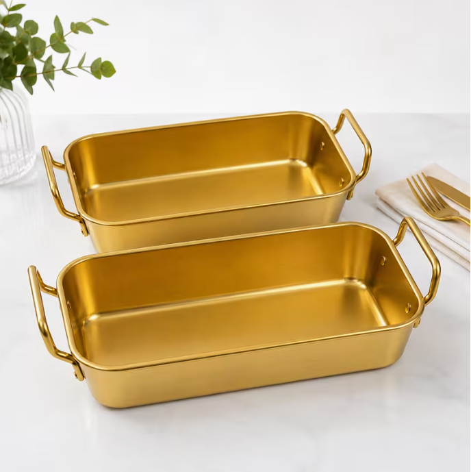 Set of 2 Stainless Steel Gold Serving Trays – Elegant Rectangular Serving Dishes with Handles for Serving, Baking & Food Presentation