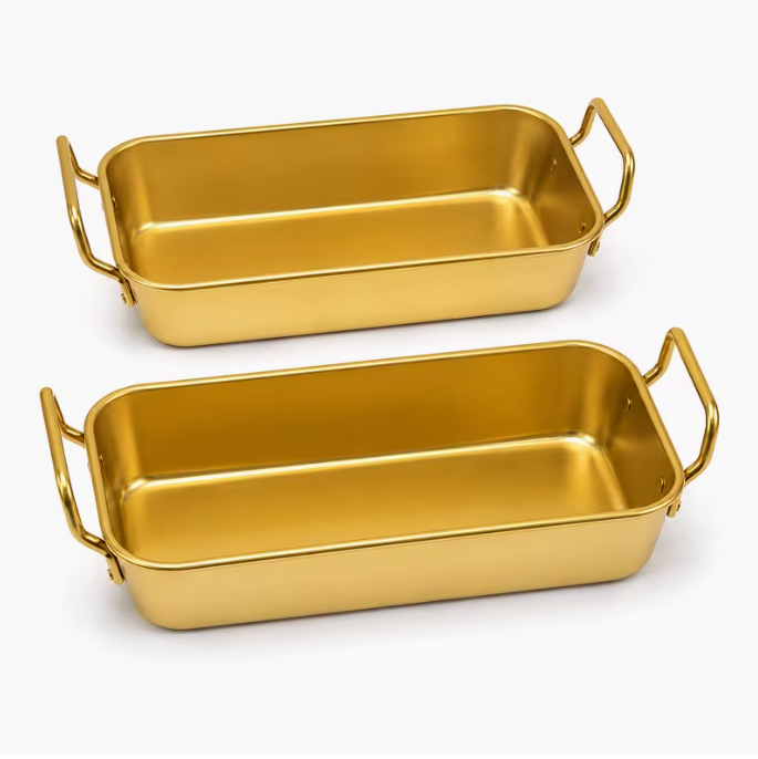 Set of 2 Stainless Steel Gold Serving Trays – Elegant Rectangular Serving Dishes with Handles for Serving, Baking & Food Presentation