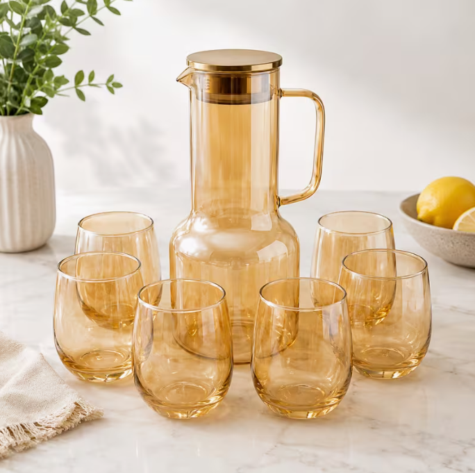 7pcs Luxury Amber Plastic Water Jug & Tumbler Set – 2L Pitcher with Lid & 6 Drinking Glasses, BPA-Free Beverage Serving Set