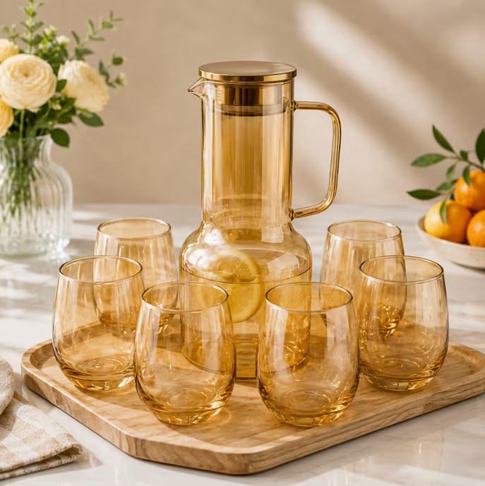 7pcs Luxury Amber Plastic Water Jug & Tumbler Set – 2L Pitcher with Lid & 6 Drinking Glasses, BPA-Free Beverage Serving Set