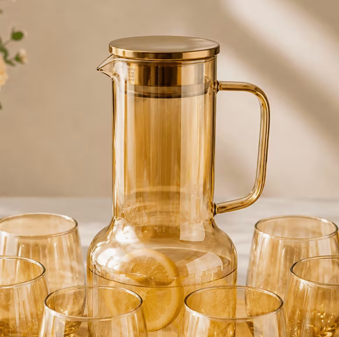 7pcs Luxury Amber Plastic Water Jug & Tumbler Set – 2L Pitcher with Lid & 6 Drinking Glasses, BPA-Free Beverage Serving Set