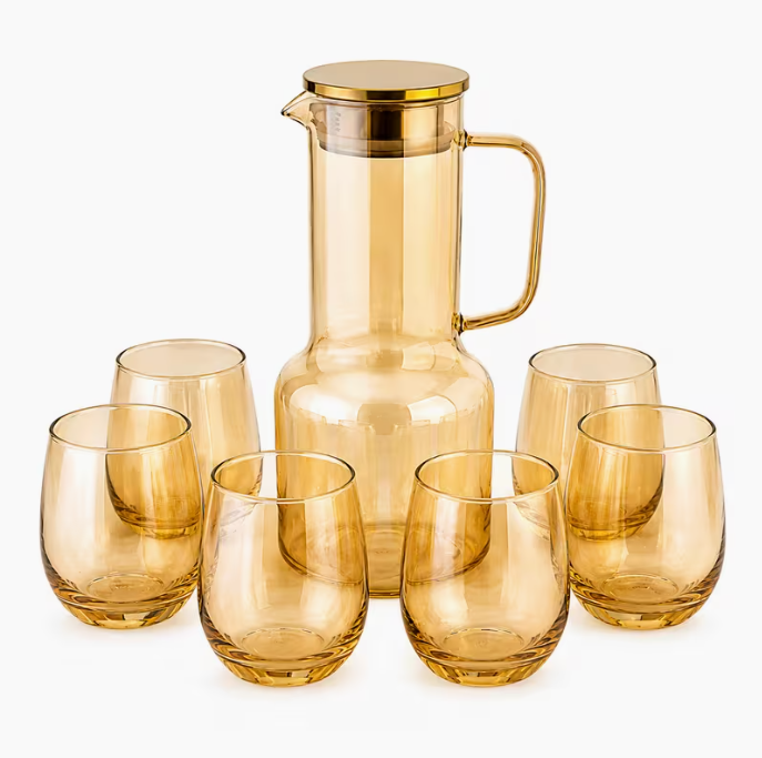 7pcs Luxury Amber Plastic Water Jug & Tumbler Set – 2L Pitcher with Lid & 6 Drinking Glasses, BPA-Free Beverage Serving Set