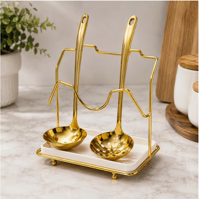 Modern Metal Spoon Holder with Removable Ceramic Drip Tray – Countertop Kitchen Utensil Organizer